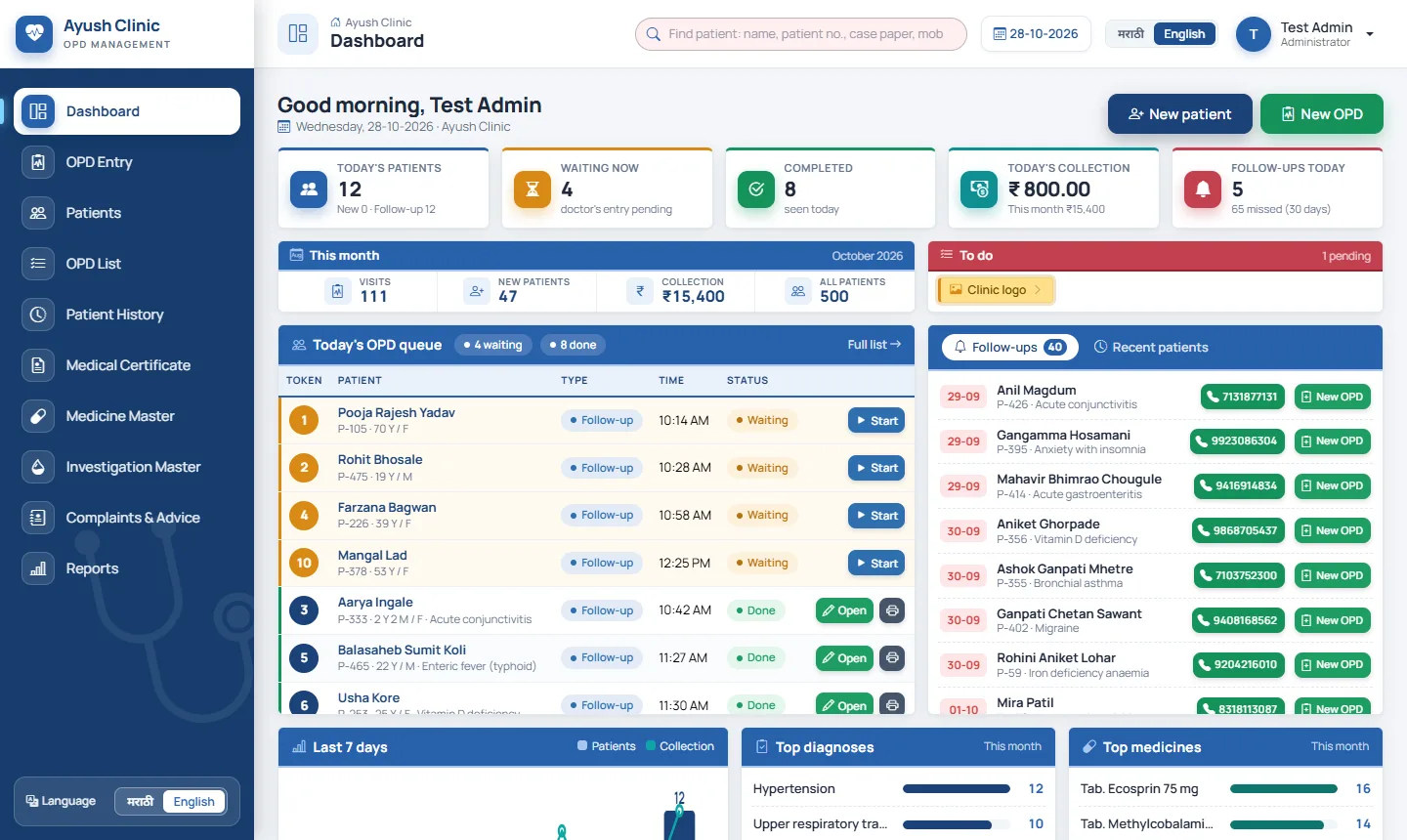 OPD software dashboard for clinics